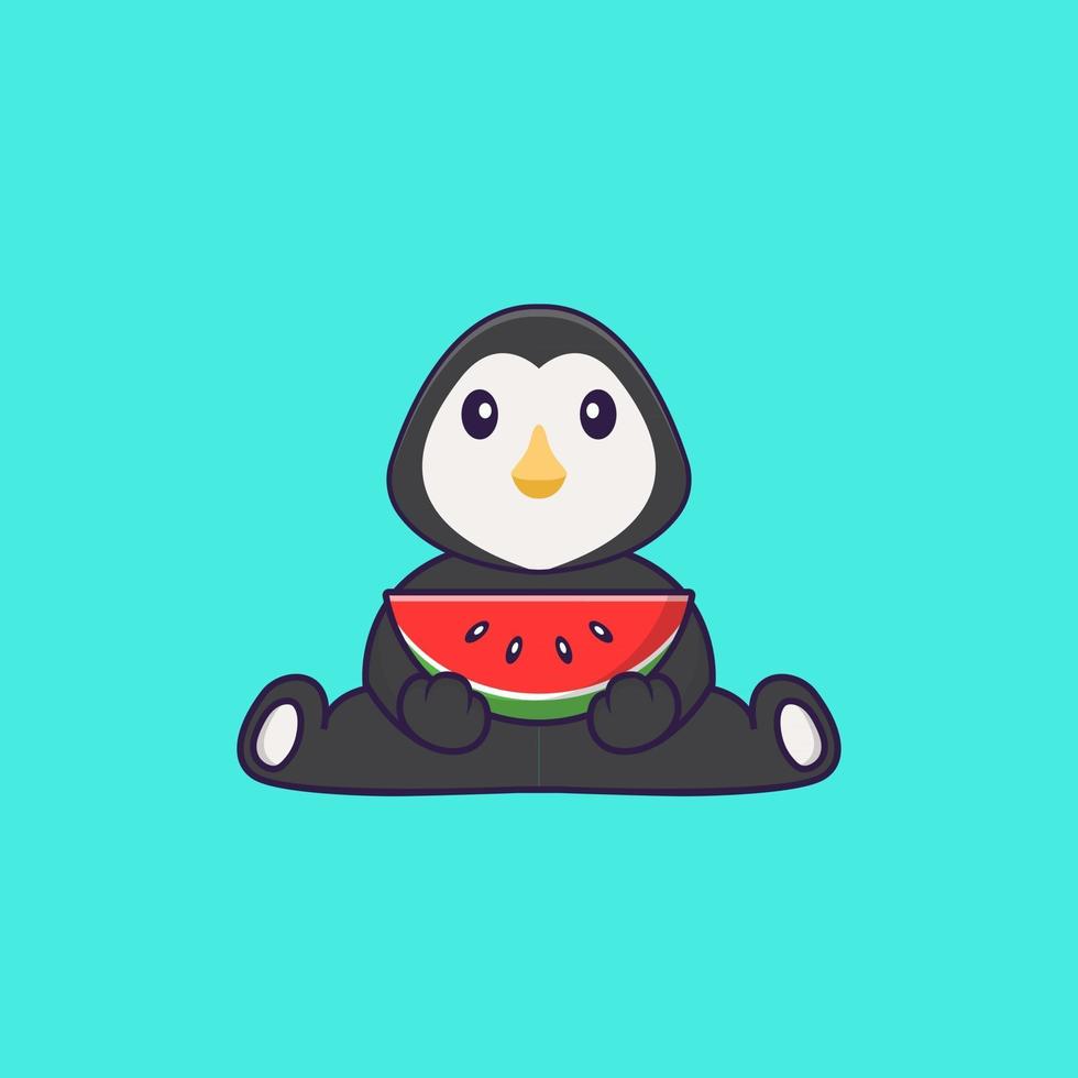 pingouin mignon mangeant de la pastèque. concept de dessin animé animal isolé. peut être utilisé pour un t-shirt, une carte de voeux, une carte d'invitation ou une mascotte. style cartoon plat vecteur