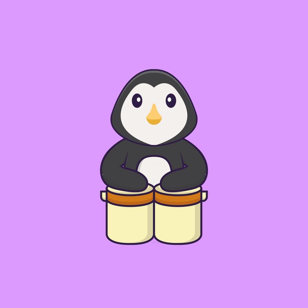 le pingouin mignon joue de la batterie. concept de dessin animé animal isolé. peut être utilisé pour un t-shirt, une carte de voeux, une carte d'invitation ou une mascotte. style cartoon plat vecteur