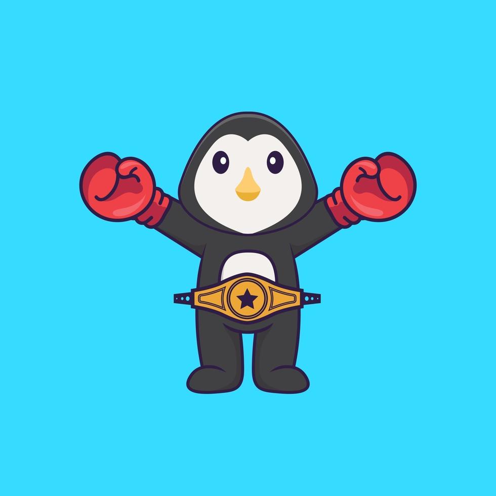 mignon pingouin en costume de boxeur avec ceinture de champion. concept de dessin animé animal isolé. peut être utilisé pour un t-shirt, une carte de voeux, une carte d'invitation ou une mascotte. style cartoon plat vecteur