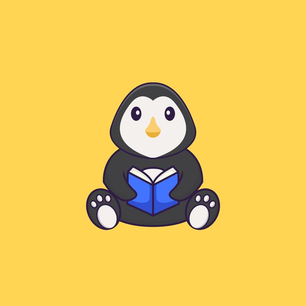 pingouin mignon lisant un livre. concept de dessin animé animal isolé. peut être utilisé pour un t-shirt, une carte de voeux, une carte d'invitation ou une mascotte. style cartoon plat vecteur