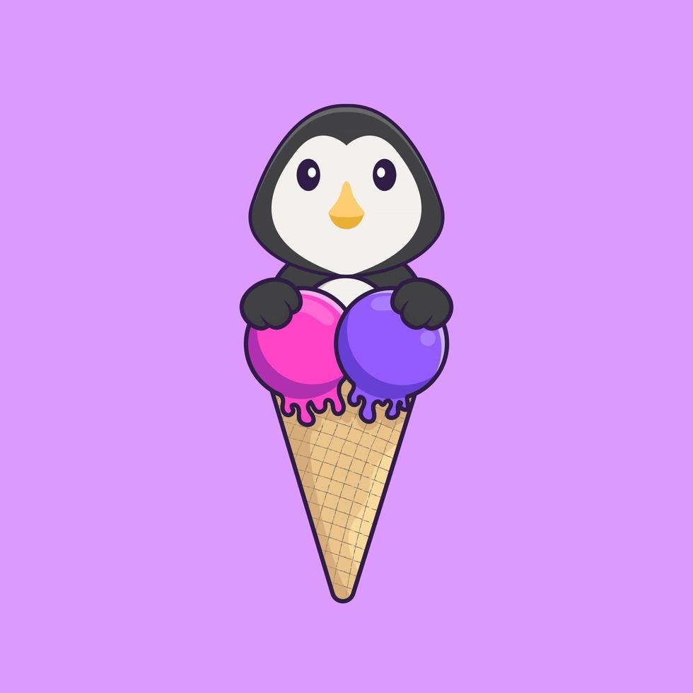 pingouin mignon avec de la crème glacée sucrée. concept de dessin animé animal isolé. peut être utilisé pour un t-shirt, une carte de voeux, une carte d'invitation ou une mascotte. style cartoon plat vecteur