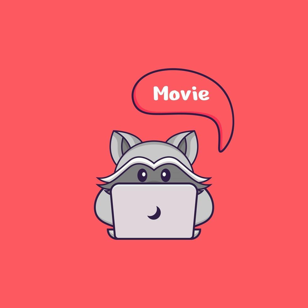 le raton laveur mignon regarde un film. concept de dessin animé animal isolé. peut être utilisé pour un t-shirt, une carte de voeux, une carte d'invitation ou une mascotte. style cartoon plat vecteur