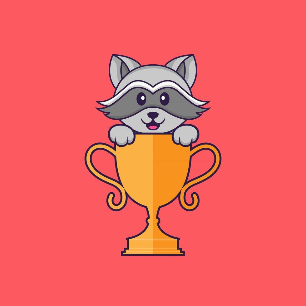 raton laveur mignon avec trophée d'or. concept de dessin animé animal isolé. peut être utilisé pour un t-shirt, une carte de voeux, une carte d'invitation ou une mascotte. style cartoon plat vecteur