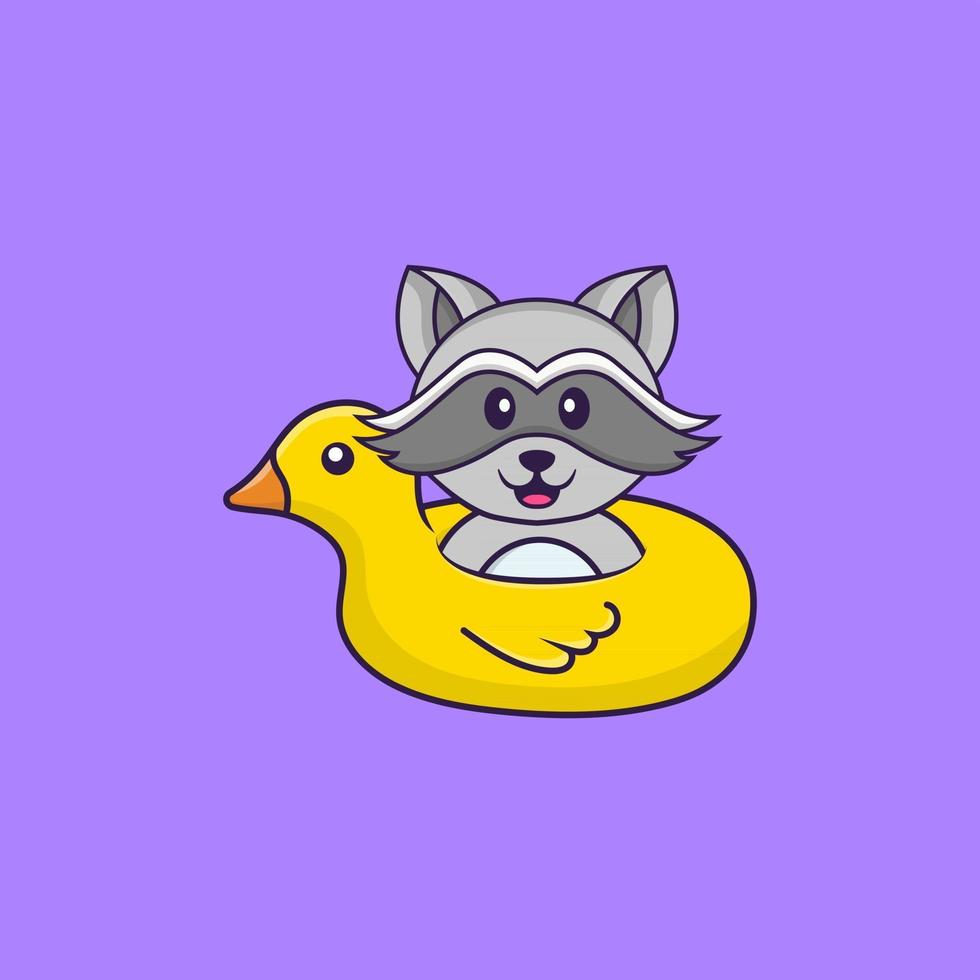 raton laveur mignon avec bouée de canard. concept de dessin animé animal isolé. peut être utilisé pour un t-shirt, une carte de voeux, une carte d'invitation ou une mascotte. style cartoon plat vecteur