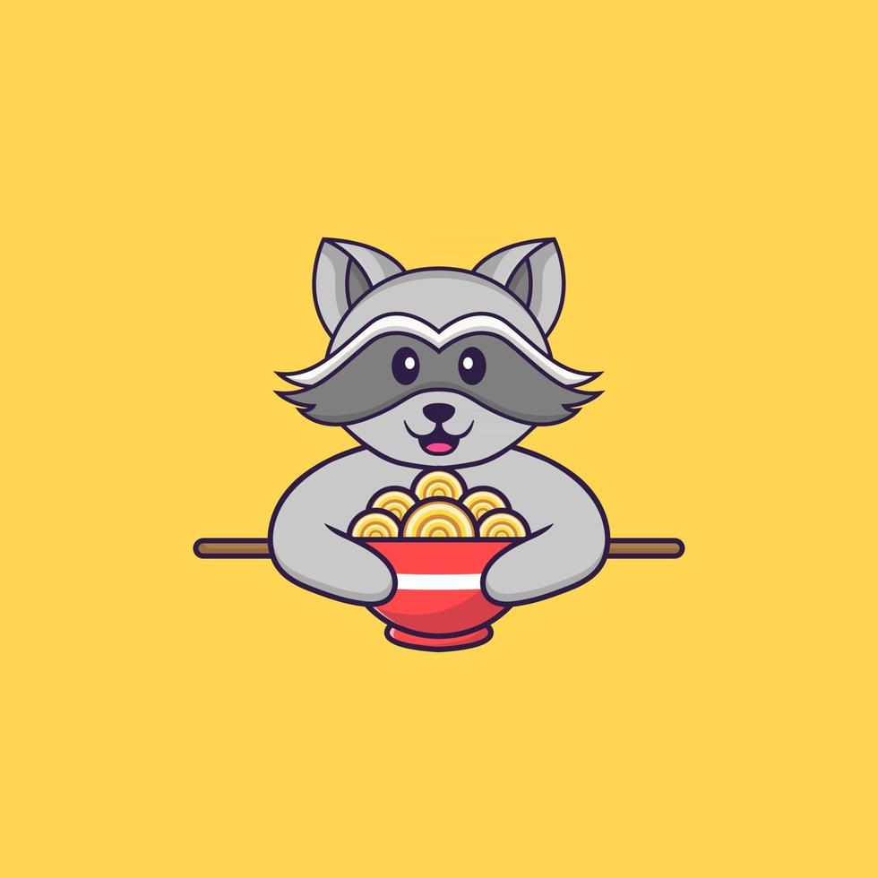 raton laveur mignon mangeant des nouilles ramen. concept de dessin animé animal isolé. peut être utilisé pour un t-shirt, une carte de voeux, une carte d'invitation ou une mascotte. style cartoon plat vecteur