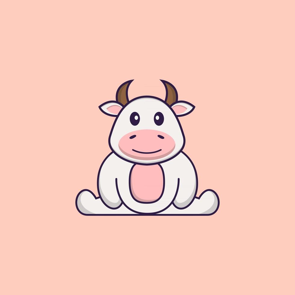 la vache mignonne est assise. concept de dessin animé animal isolé. peut être utilisé pour un t-shirt, une carte de voeux, une carte d'invitation ou une mascotte. style cartoon plat vecteur