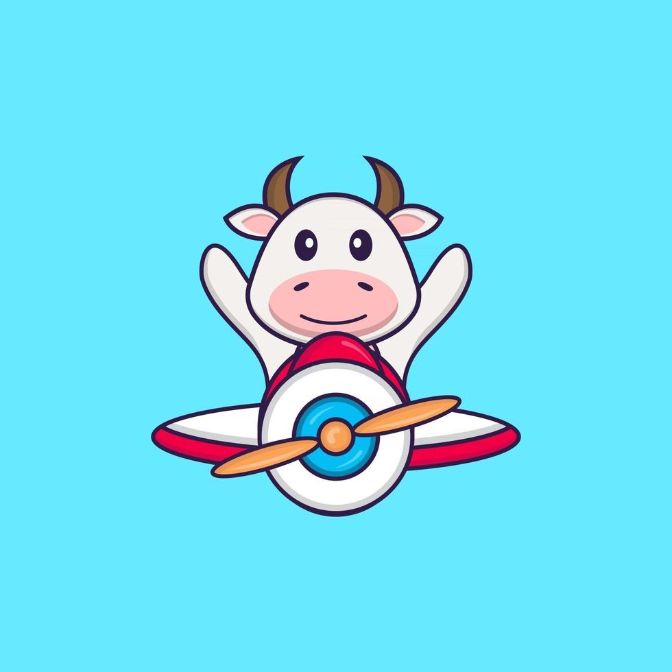 jolie vache volant dans un avion. concept de dessin animé animal isolé. peut être utilisé pour un t-shirt, une carte de voeux, une carte d'invitation ou une mascotte. style cartoon plat vecteur