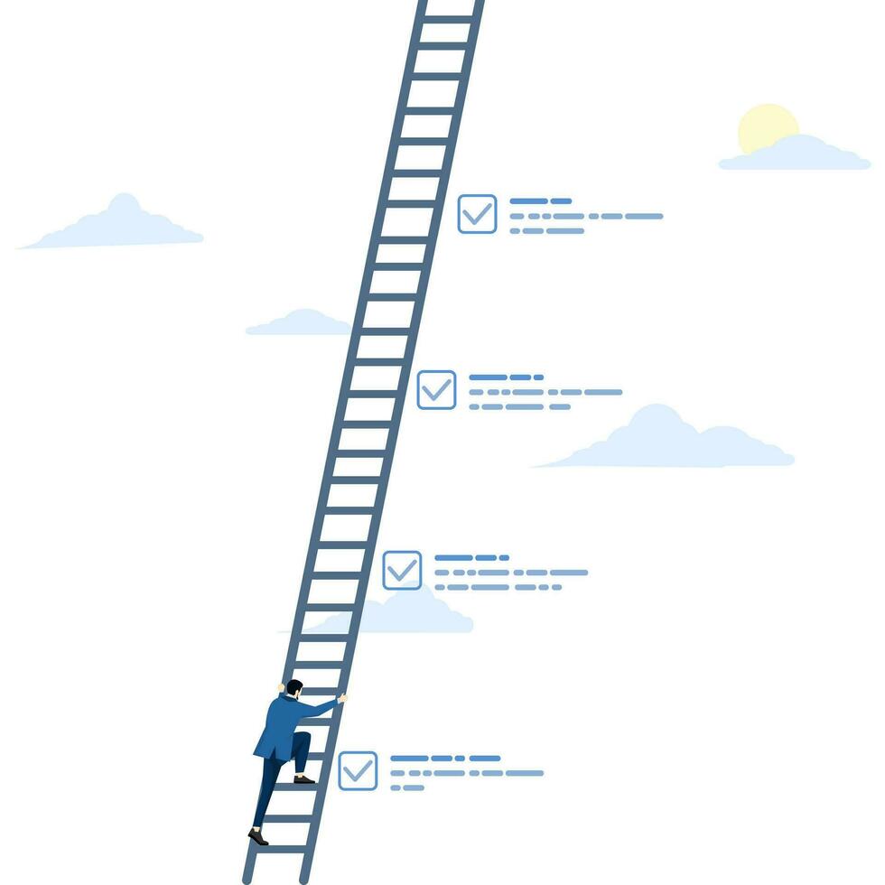 concept de Achevée liste de contrôle ou tâche liste, vérifier marque ou achèvement de travail, productivité liste de contrôle, enquête forme ou Succès plan, homme d'affaire escalade escaliers sur achèvement de travail liste de contrôle. vecteur