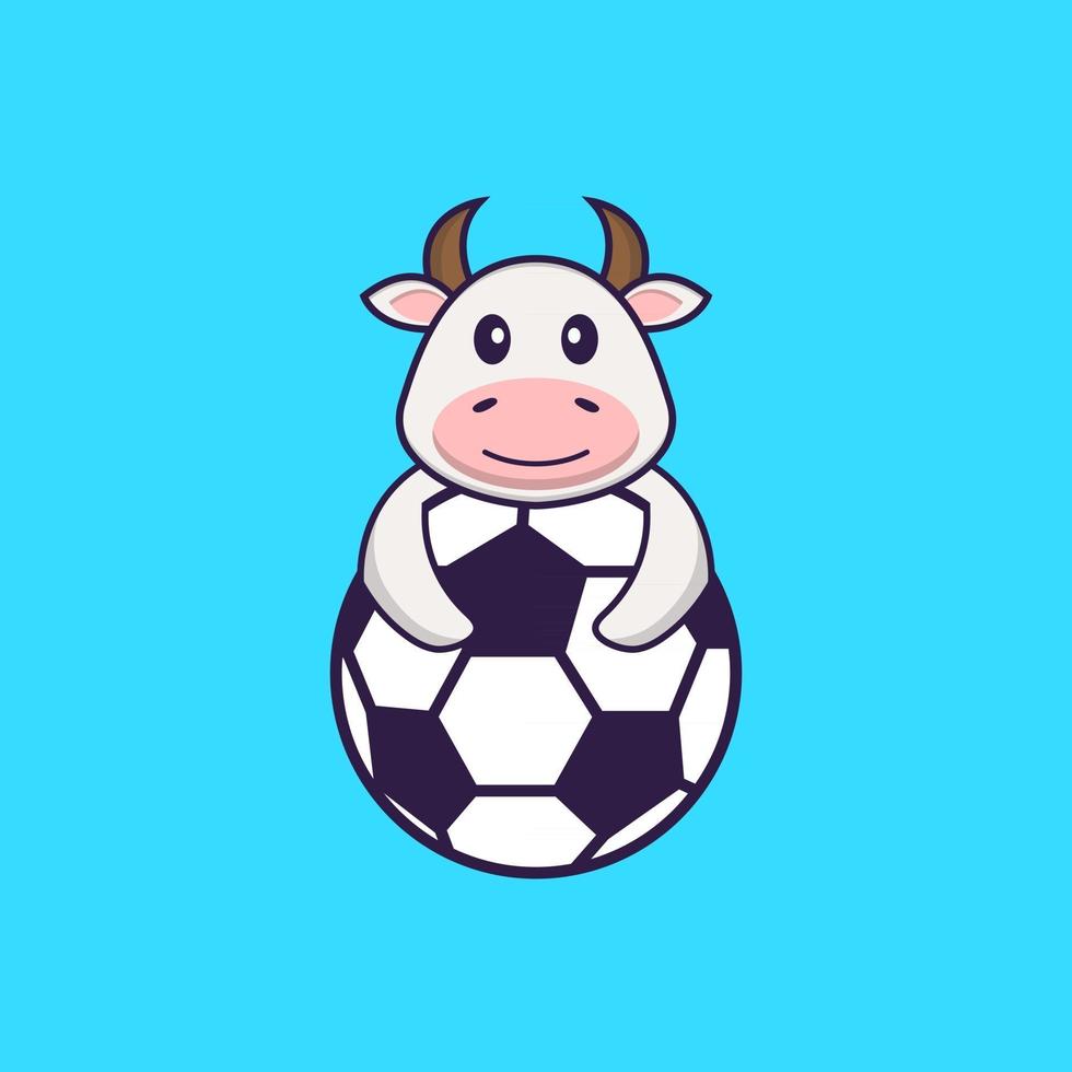 vache mignonne jouant au football. concept de dessin animé animal isolé. peut être utilisé pour un t-shirt, une carte de voeux, une carte d'invitation ou une mascotte. style cartoon plat vecteur