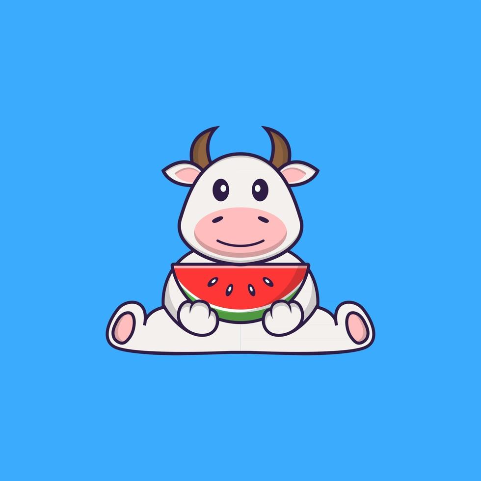 vache mignonne mangeant de la pastèque. concept de dessin animé animal isolé. peut être utilisé pour un t-shirt, une carte de voeux, une carte d'invitation ou une mascotte. style cartoon plat vecteur