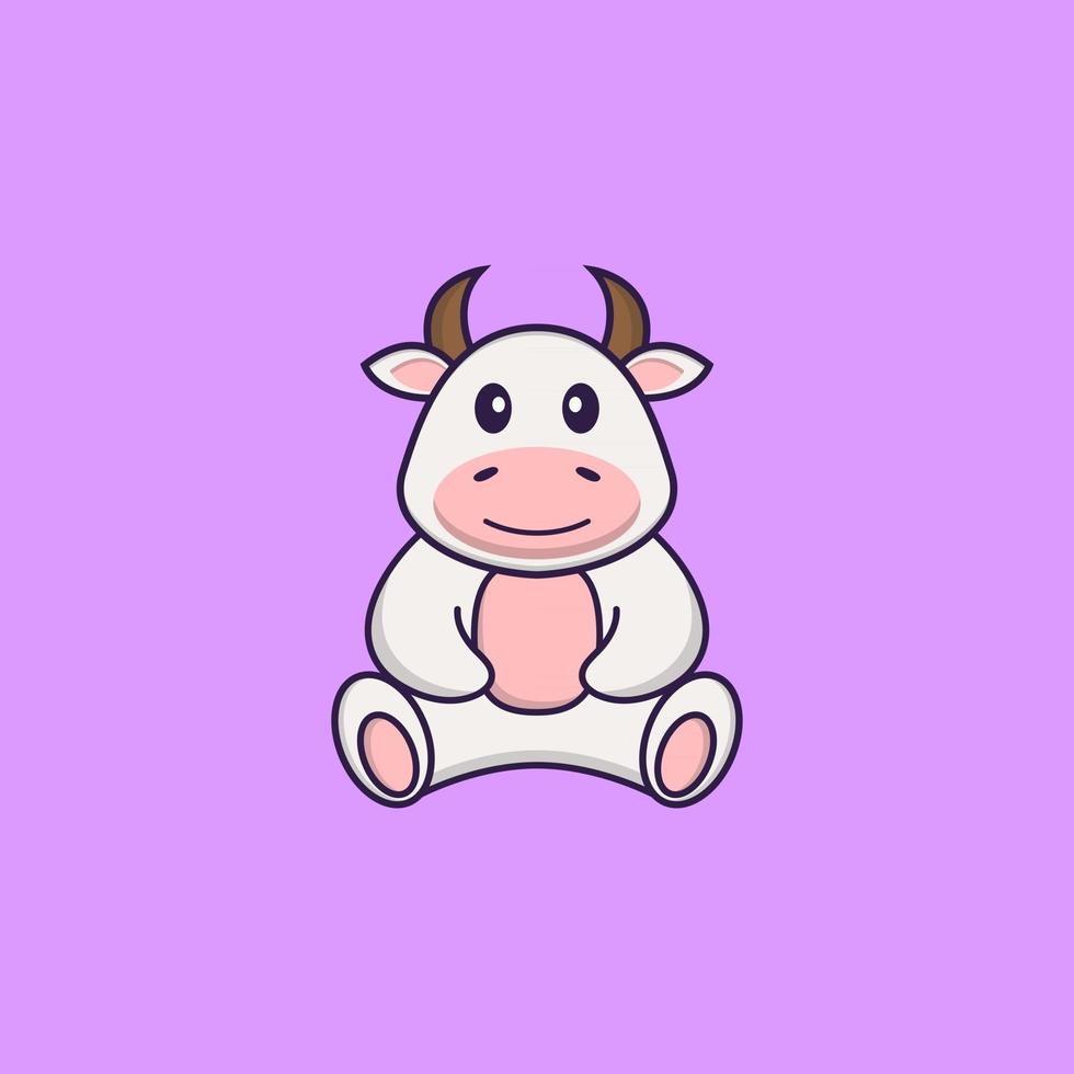 la vache mignonne est assise. concept de dessin animé animal isolé. peut être utilisé pour un t-shirt, une carte de voeux, une carte d'invitation ou une mascotte. style cartoon plat vecteur