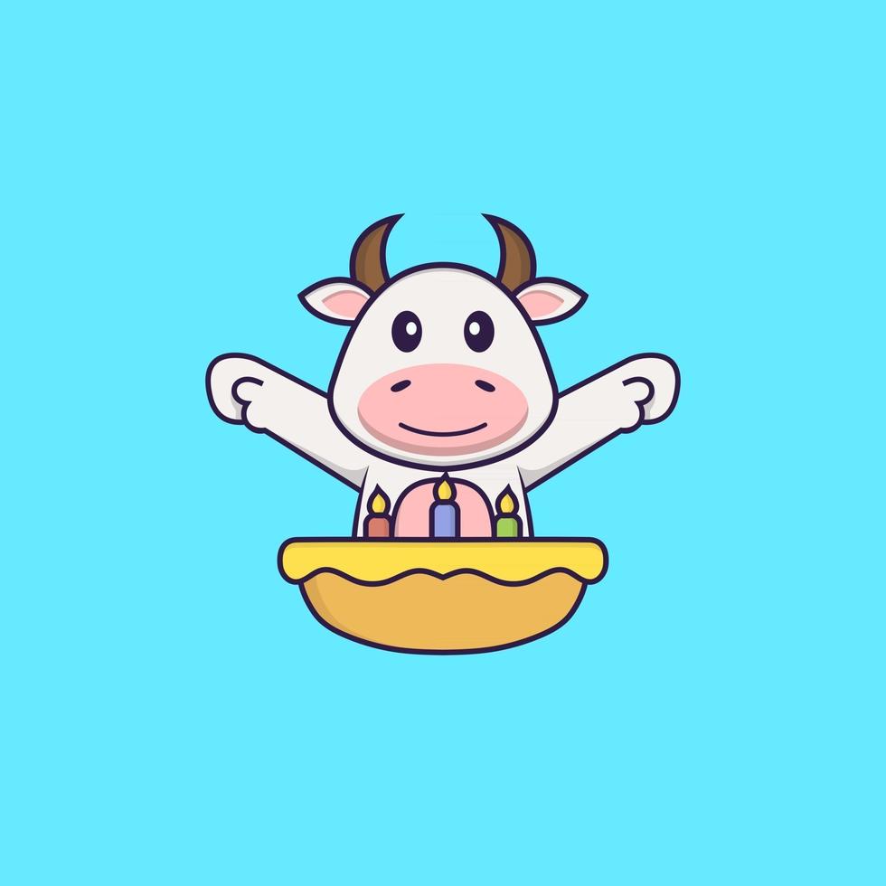 vache mignonne avec gâteau d'anniversaire. concept de dessin animé animal isolé. peut être utilisé pour un t-shirt, une carte de voeux, une carte d'invitation ou une mascotte. style cartoon plat vecteur