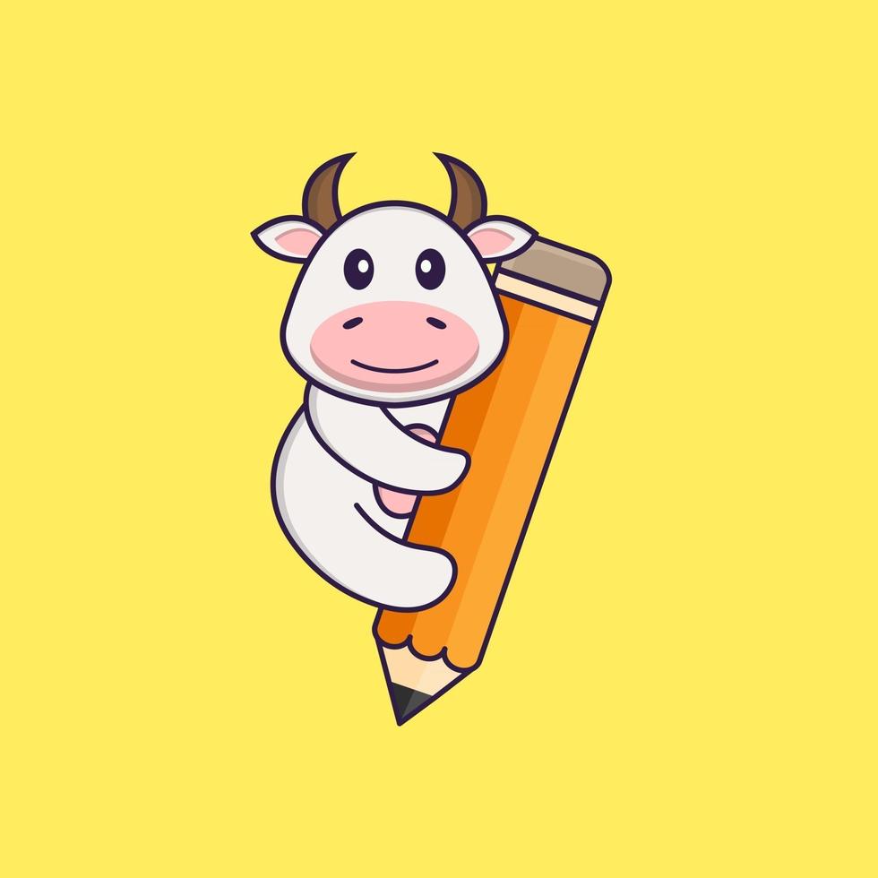 vache mignonne tenant un crayon. concept de dessin animé animal isolé. peut être utilisé pour un t-shirt, une carte de voeux, une carte d'invitation ou une mascotte. style cartoon plat vecteur