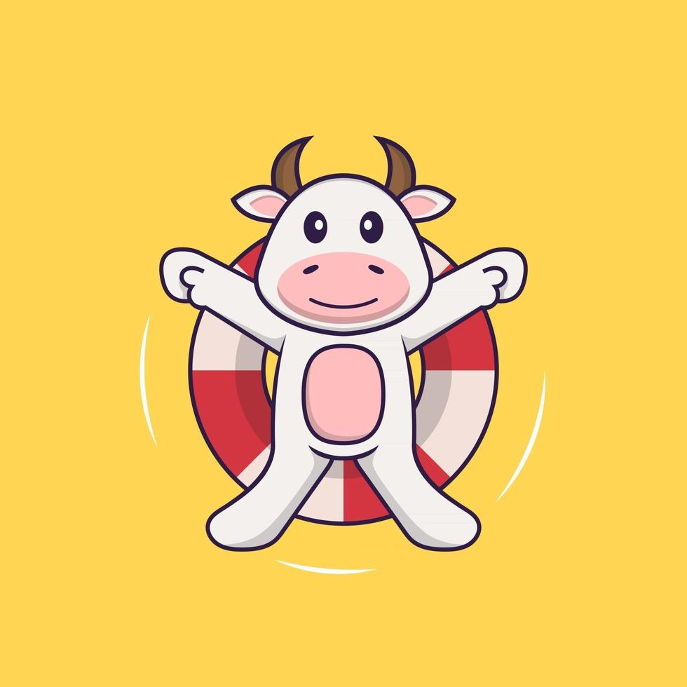 la vache mignonne nage avec une bouée. concept de dessin animé animal isolé. peut être utilisé pour un t-shirt, une carte de voeux, une carte d'invitation ou une mascotte. style cartoon plat vecteur