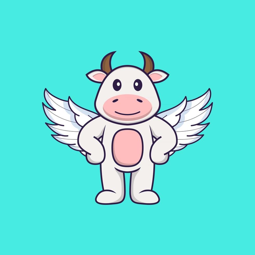 vache mignonne utilisant des ailes. concept de dessin animé animal isolé. peut être utilisé pour un t-shirt, une carte de voeux, une carte d'invitation ou une mascotte. style cartoon plat vecteur