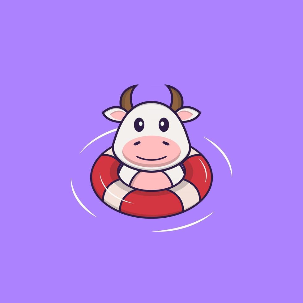 la vache mignonne nage avec une bouée. concept de dessin animé animal isolé. peut être utilisé pour un t-shirt, une carte de voeux, une carte d'invitation ou une mascotte. style cartoon plat vecteur