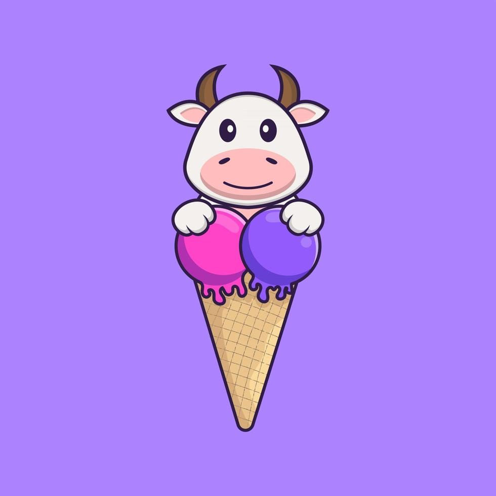 vache mignonne avec de la crème glacée sucrée. concept de dessin animé animal isolé. peut être utilisé pour un t-shirt, une carte de voeux, une carte d'invitation ou une mascotte. style cartoon plat vecteur