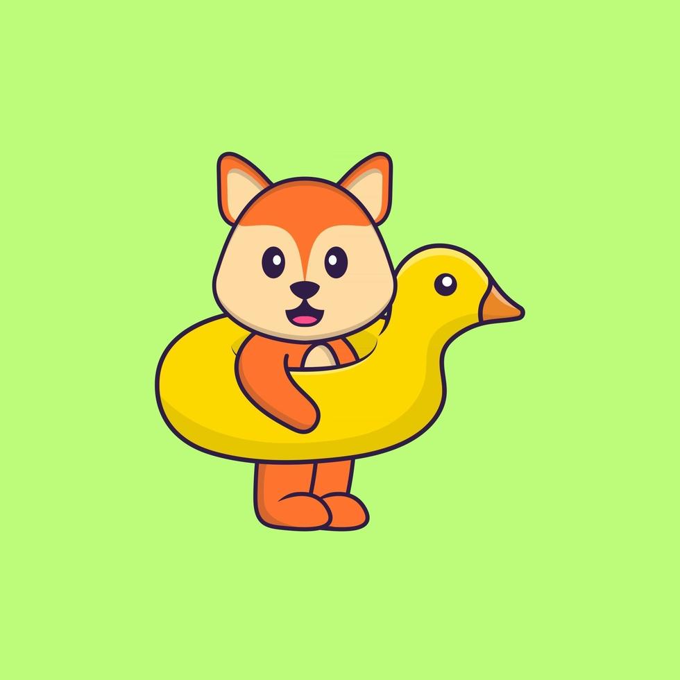 renard mignon avec bouée de canard. concept de dessin animé animal isolé. peut être utilisé pour un t-shirt, une carte de voeux, une carte d'invitation ou une mascotte. style cartoon plat vecteur