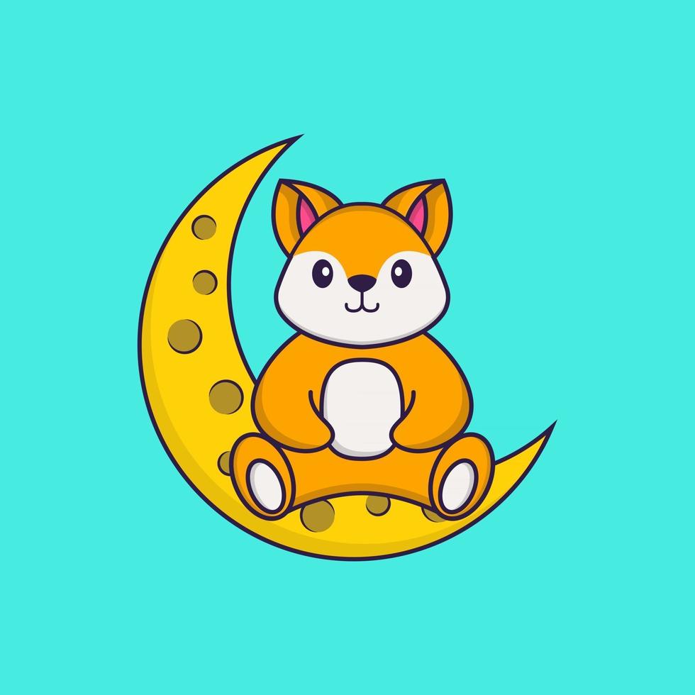 le renard mignon est assis sur la lune. concept de dessin animé animal isolé. peut être utilisé pour un t-shirt, une carte de voeux, une carte d'invitation ou une mascotte. style cartoon plat vecteur