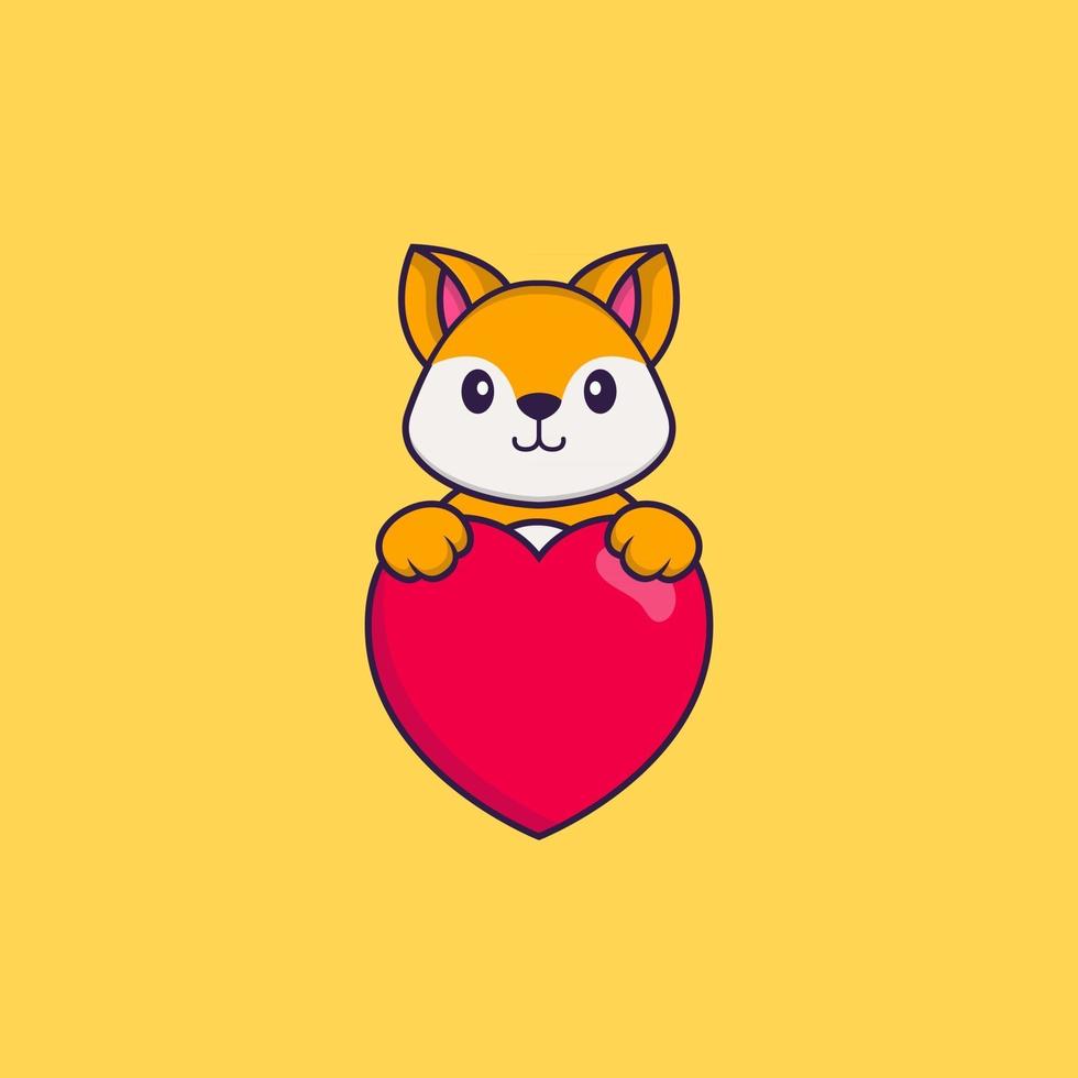 renard mignon tenant un grand coeur rouge. concept de dessin animé animal isolé. peut être utilisé pour un t-shirt, une carte de voeux, une carte d'invitation ou une mascotte. style cartoon plat vecteur