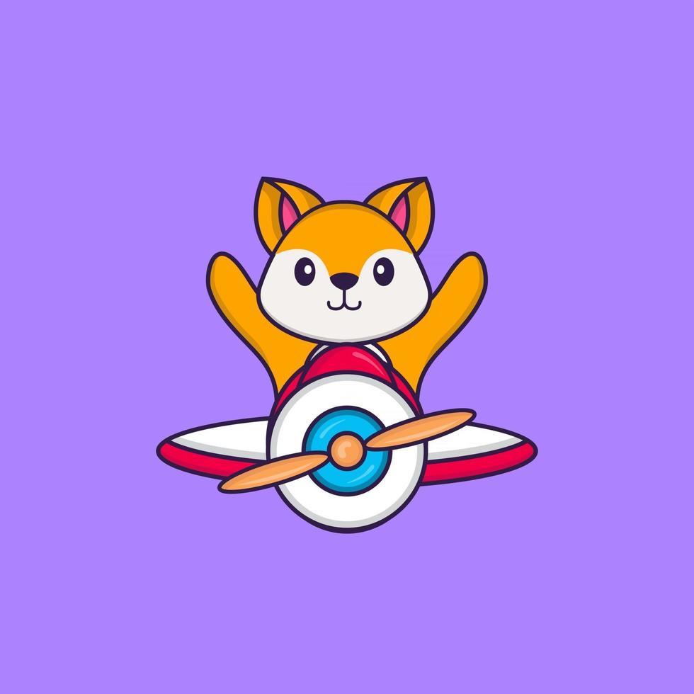 renard mignon volant dans un avion. concept de dessin animé animal isolé. peut être utilisé pour un t-shirt, une carte de voeux, une carte d'invitation ou une mascotte. style cartoon plat vecteur