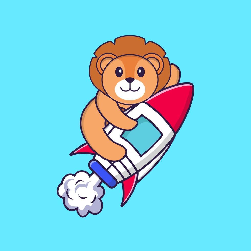 lion mignon volant sur fusée. concept de dessin animé animal isolé. peut être utilisé pour un t-shirt, une carte de voeux, une carte d'invitation ou une mascotte. style cartoon plat vecteur