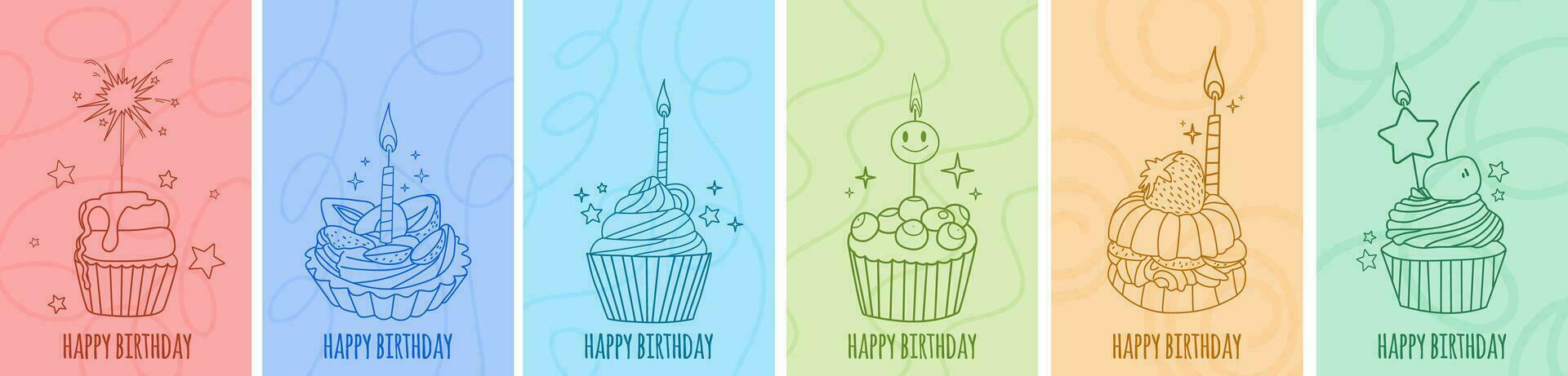 une ensemble de anniversaire affiches. illustration de une de fête petit gâteau avec une bougie. fête. pour faire-part, cartes postales, bannières. vecteur