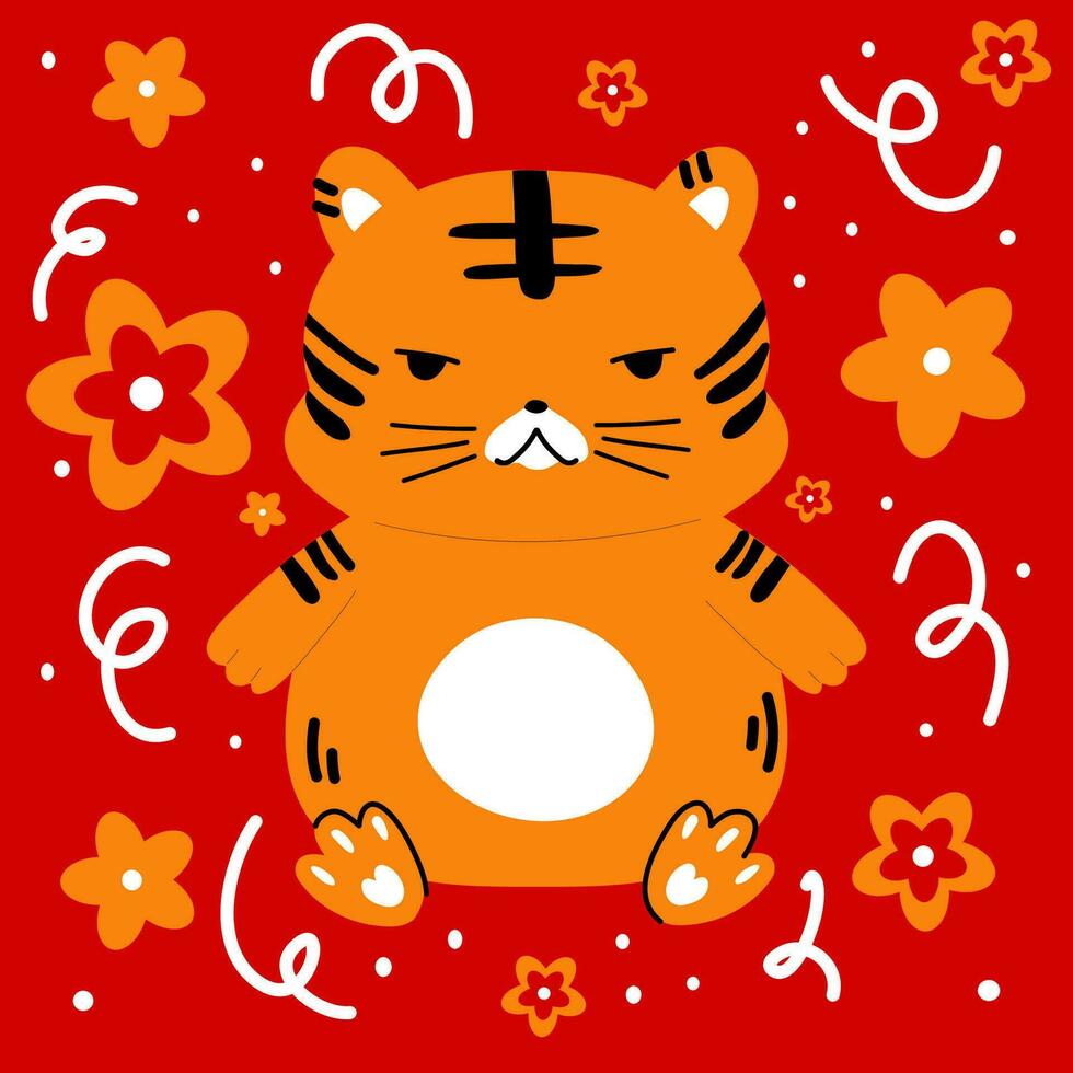 mignonne tigre garçon dans asiatique style. dessin animé dessiné à la main vecteur illustration.