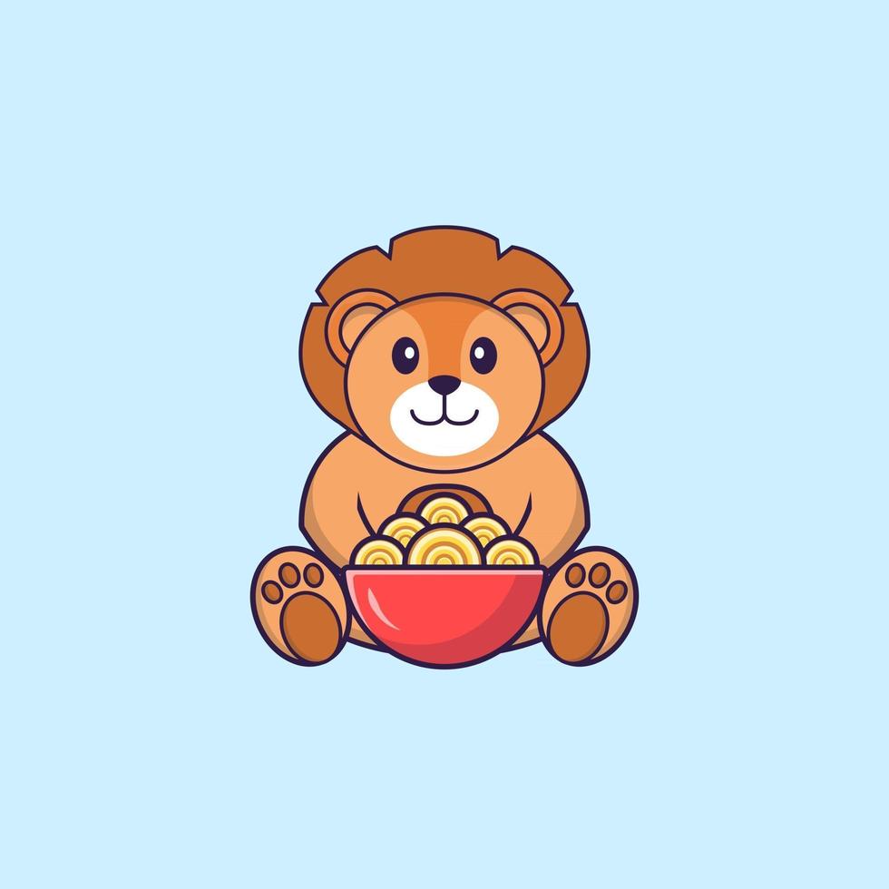 lion mignon mangeant des nouilles ramen. concept de dessin animé animal isolé. peut être utilisé pour un t-shirt, une carte de voeux, une carte d'invitation ou une mascotte. style cartoon plat vecteur