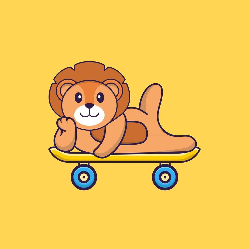 lion mignon allongé sur une planche à roulettes. concept de dessin animé animal isolé. peut être utilisé pour un t-shirt, une carte de voeux, une carte d'invitation ou une mascotte. style cartoon plat vecteur