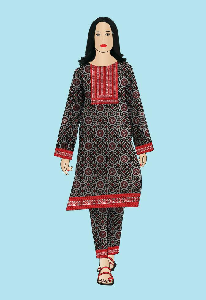 sindhi fille portant ajrak conception shalwar kameez vecteur