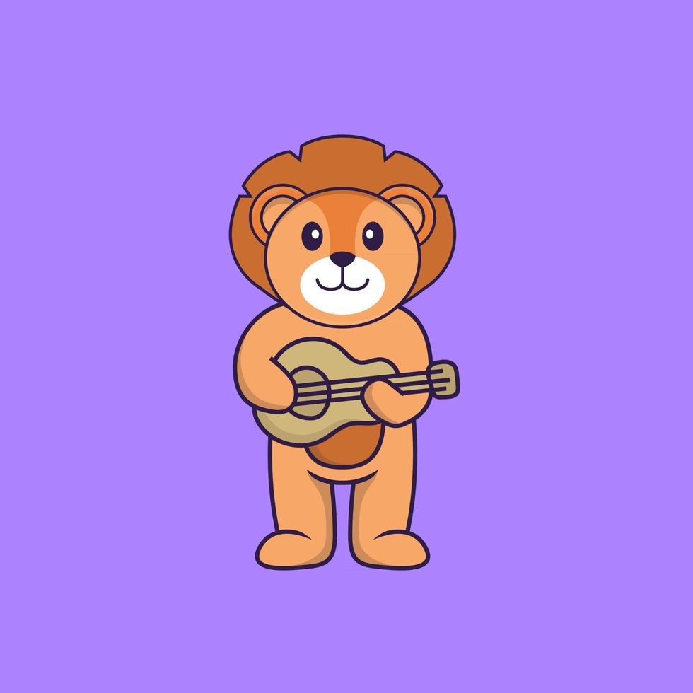 lion mignon jouant de la guitare. concept de dessin animé animal isolé. peut être utilisé pour un t-shirt, une carte de voeux, une carte d'invitation ou une mascotte. style cartoon plat vecteur