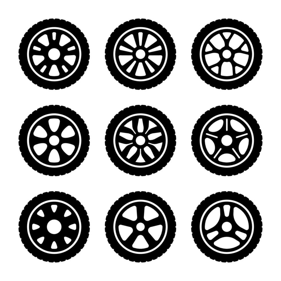 noir caoutchouc roue pneu icône ensemble. voiture roue isolé illustration. vecteur