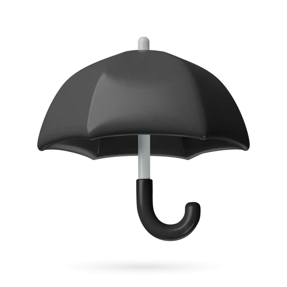 3d noir ouvert parapluie avec incurvé gérer. brillant Plastique monochrome vecteur objet isolé sur blanc Contexte. sécurité et protection Trois dimensionnel icône.