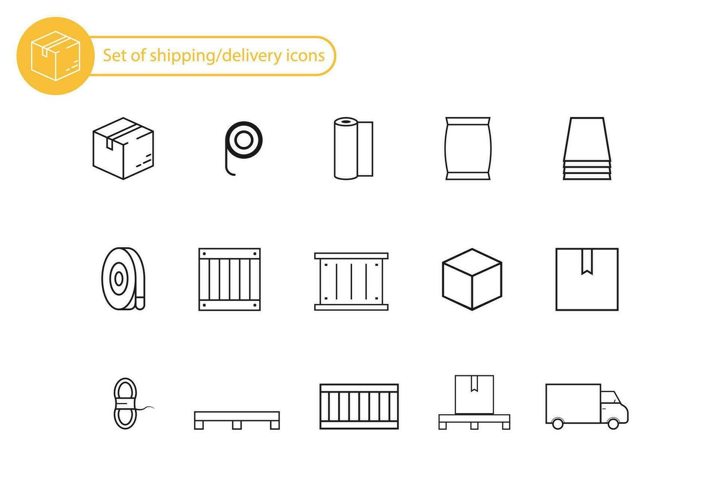 ensemble de livraison et livraison Icônes. contour linéaire noir Icônes. la logistique un service ensemble avec boîte, palette, récipient et corde éléments. expédition ensemble avec livraison un camion et corde Icônes. isolé. eps dix. vecteur