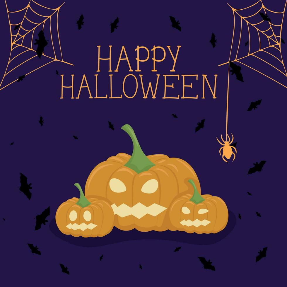 le vecteur illustration de content Halloween pouvez être utilisé comme une bannière ou une salutation carte. citrouille, chauves-souris, et une araignée la toile sur une violet Contexte.