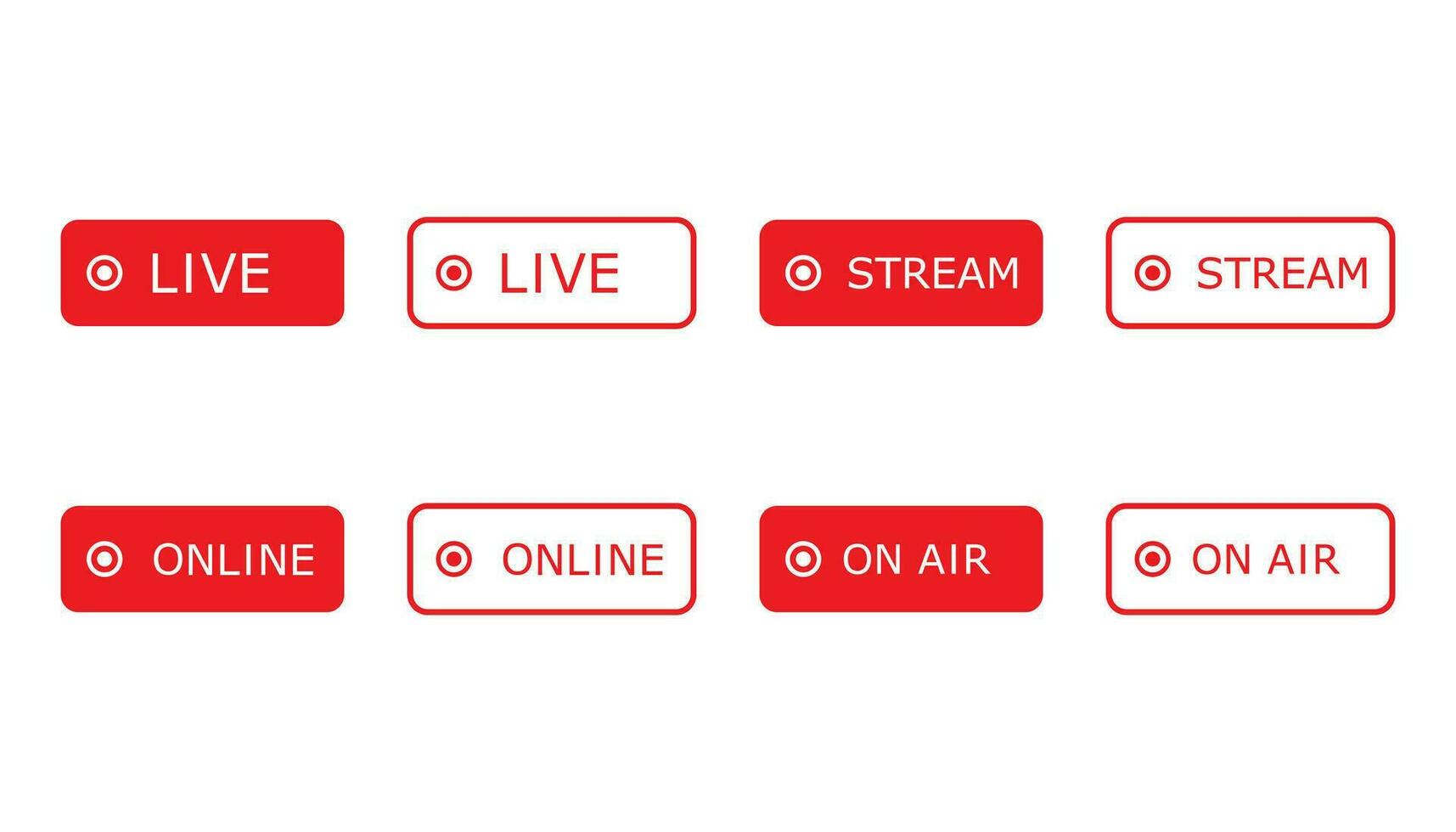 ensemble de en direct, en ligne, diffusion et sur air Icônes. diffuser la télé spectacle étiqueter. multimédia modèle. isolé rouge film et radio signe. courant Podcast étiqueter. vecteur eps dix.