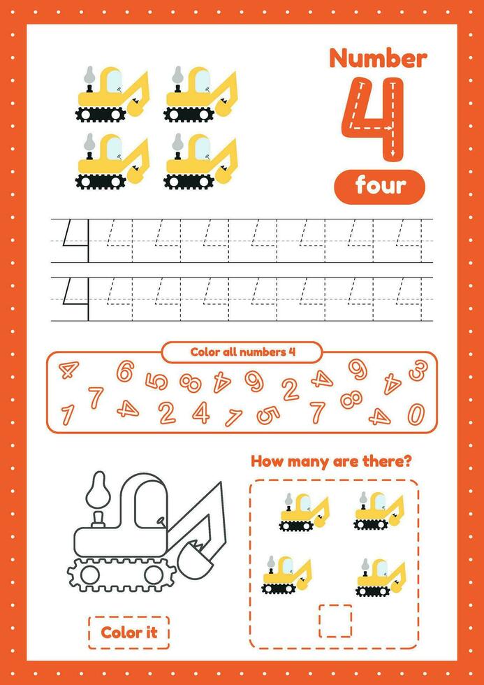 apprentissage Nombres. nombre 4. trace, couleur, compter vecteur