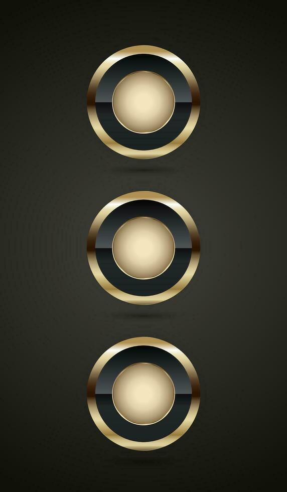 Trois luxe or et prime qualité badge bouton conception, 3 luxe cercle sur foncé Contexte modèle vecteur