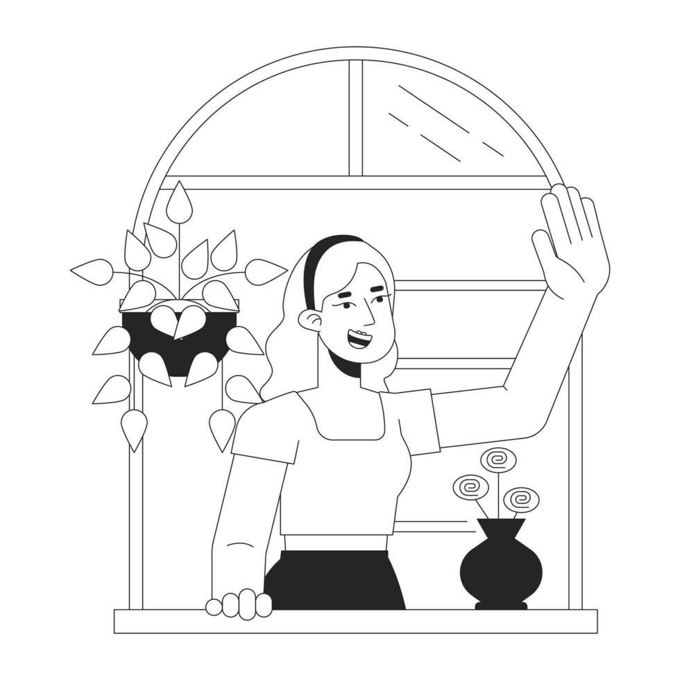 femme en disant Bonjour bw concept vecteur place illustration. caucasien fille sur balcon, voisine 2d dessin animé plat ligne monochromatique personnage pour la toile ui conception. modifiable isolé contour héros image