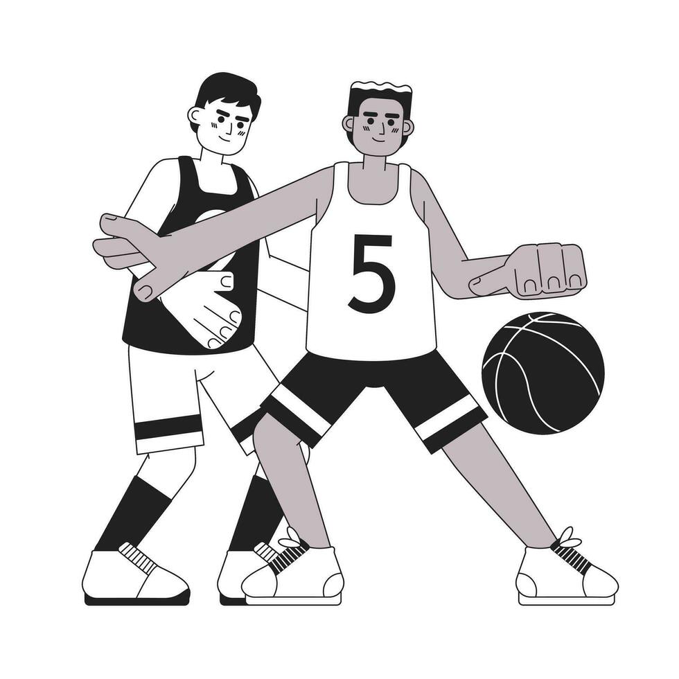 basketball joueurs avec Balle monochrome concept vecteur place illustration. équipe sport. Hommes en jouant basketball 2d plat bw dessin animé personnages pour la toile ui conception. isolé modifiable main tiré héros image