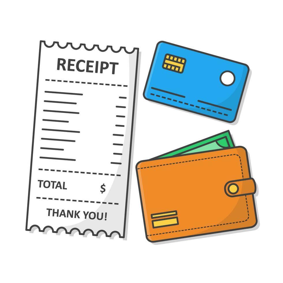 le reçu avec portefeuille et crédit carte vecteur icône illustration. financier vérifier plat icône