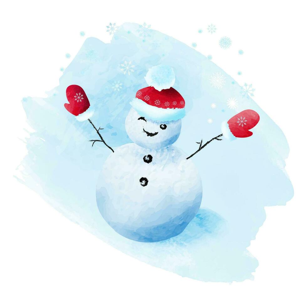 mignon, marrant bonhomme de neige sur une hiver Contexte avec flocons de neige. aquarelle vecteur. vecteur