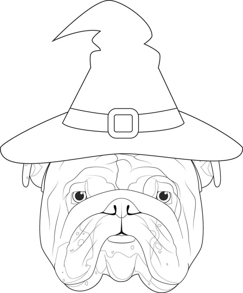 Halloween salutation carte pour coloration. Anglais bouledogue chien habillé comme une sorcière avec noir chapeau vecteur