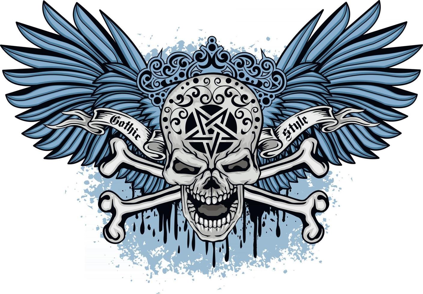 signe gothique avec crâne et ailes bleues, t-shirts design vintage grunge vecteur
