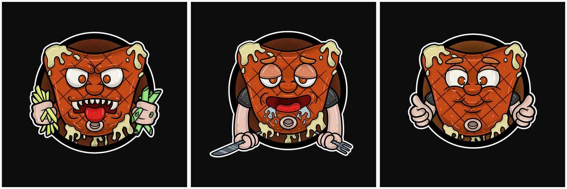 ensemble de du boeuf steak mascotte dessin animé. mal, haute et sourire affronter. cercle logo. pour nourriture, Viande, barbecue et du boeuf logo. vecteur