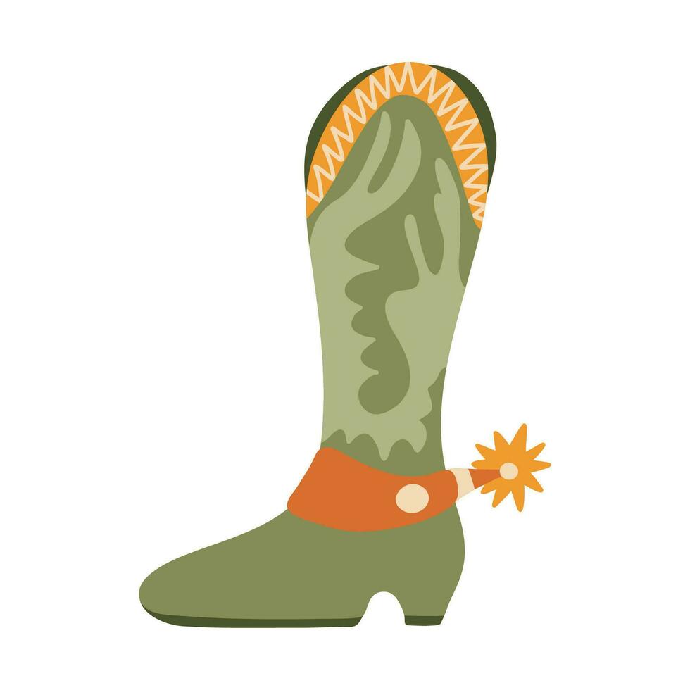 rétro cow-boy bottes avec traditionnel modèle et étoile éperon. vecteur décoré cow-girl bottes dans occidental style. Facile des chaussures de sauvage Ouest avec ornement pour carte postale, T-shirt imprimer, cow-boy fête conception.