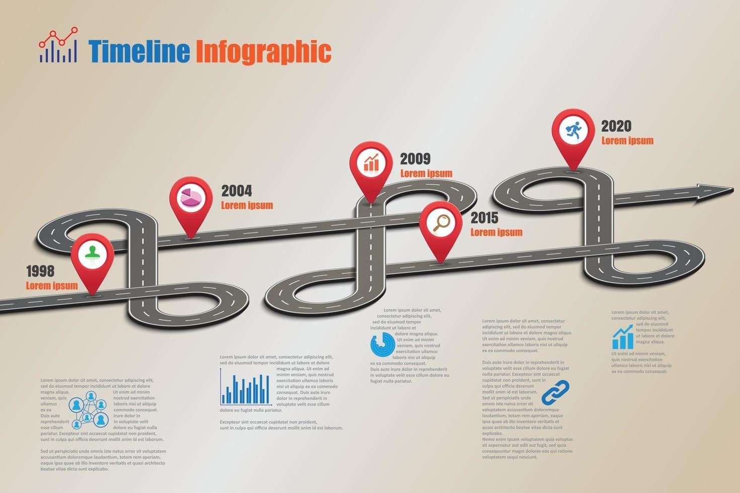 modèle d'infographie de chronologie de feuille de route d'entreprise avec des pointeurs conçus pour l'abstrait jalon diagramme moderne technologie de processus numérique marketing données présentation graphique illustration vectorielle vecteur