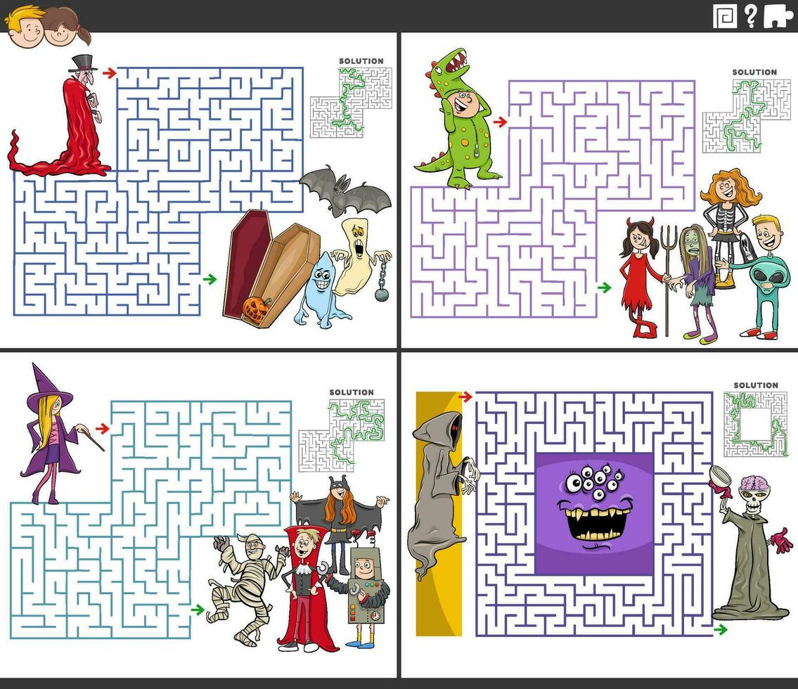 Labyrinthe Activités ensemble avec dessin animé des gamins et fantaisie personnages vecteur