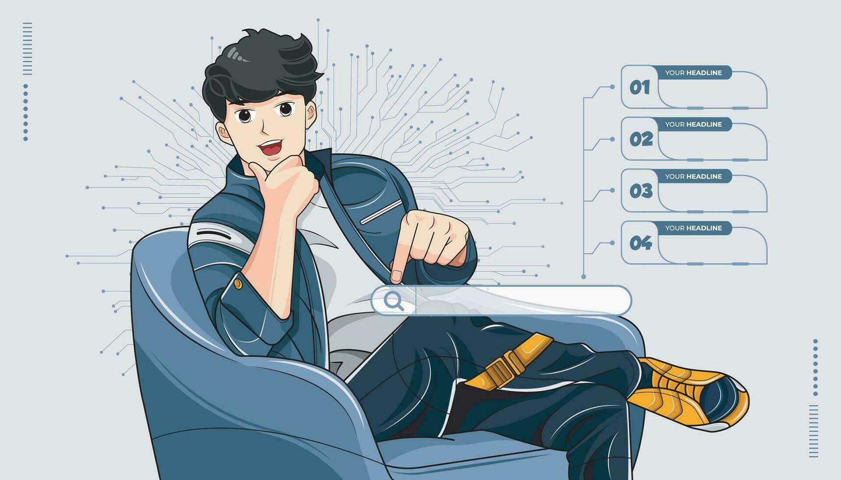 futurisme. une homme est relaxant sur une confortable canapé et montrant une virtuel chercher bar avec les options dans cette infographie. vecteur illustration gratuit Télécharger